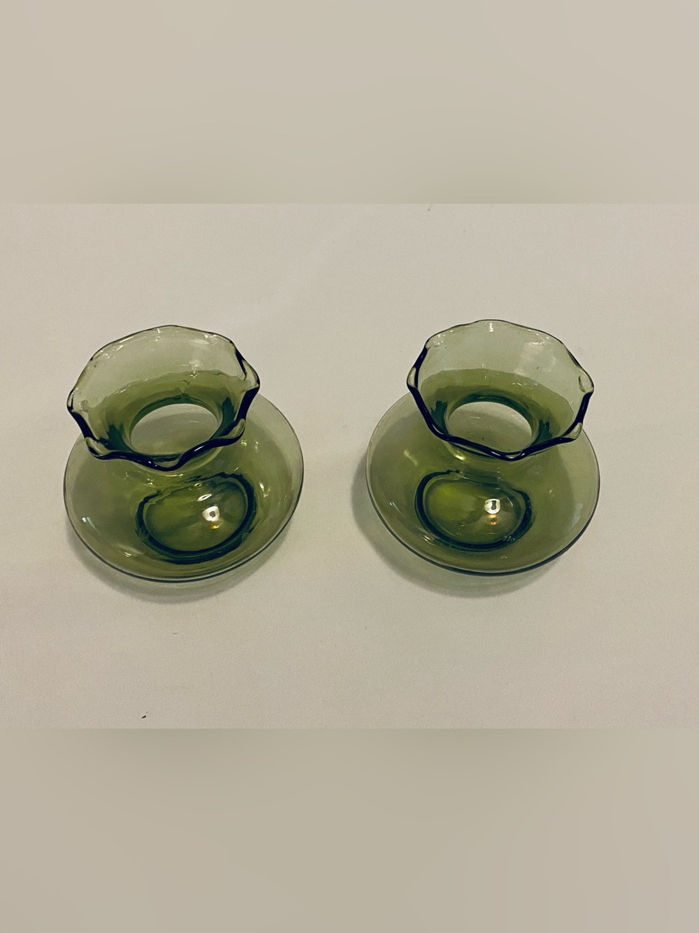 MCM Green Ruffle Glass Vases. Set of 2 in fantastic condition.